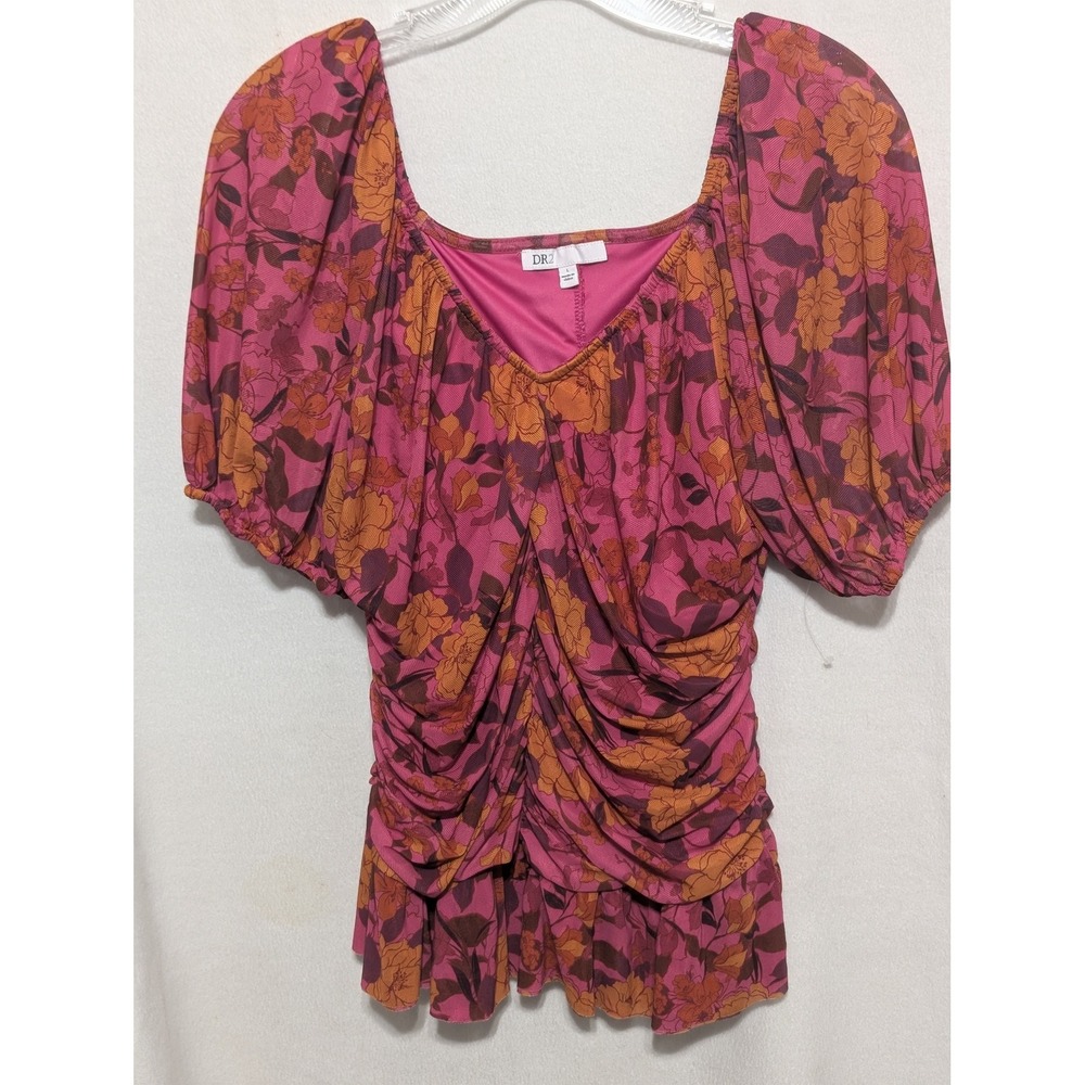 DR2 by Daniel Rainn Pink Floral Ruched Puff Sleeve Blouse Top Large